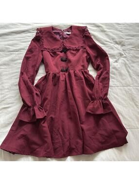 Ank Rouge Burgundy Lace Peter Pan Collar Rosette Ruffle Sleeve Dress S Japan